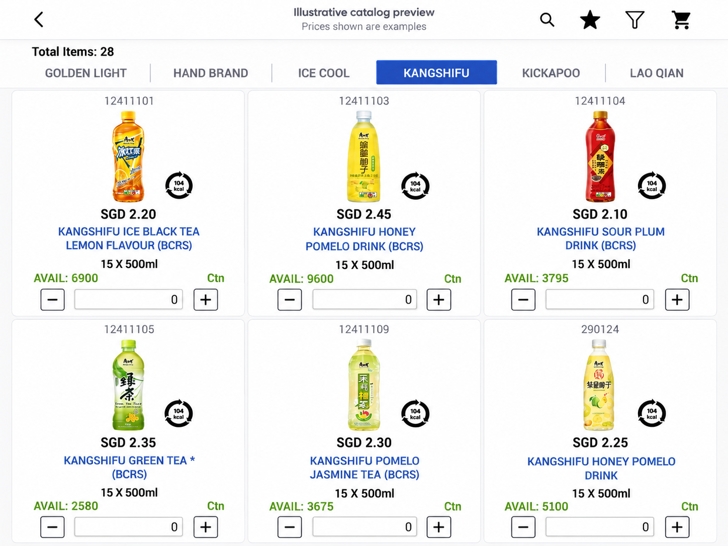 Mobile e-Catalog showing product categories, availability and illustrative prices